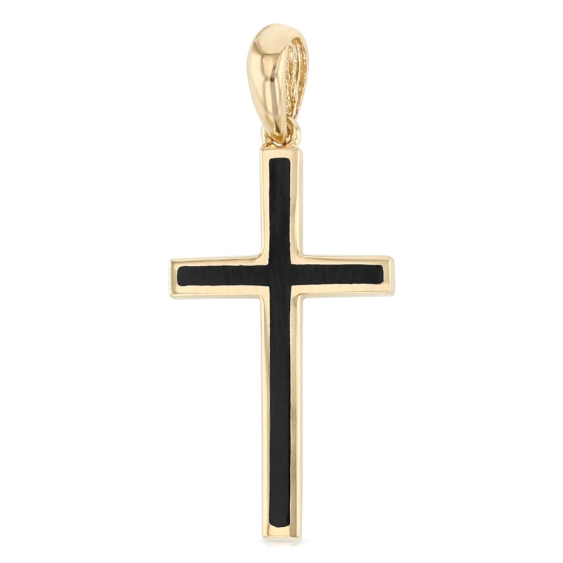 14K Gold Religious Cross With Black Enamel Charm Pendant