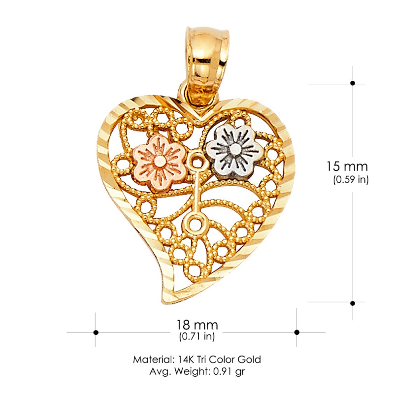 14K Gold Dual Flower In Heart Charm Pendant
