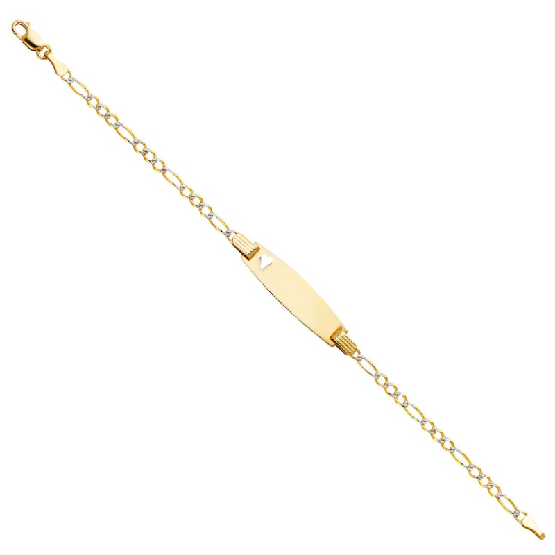 14K Solid Gold Figaro 3+1 Wp Baby Oval Id With Heart Bracelet - 6'