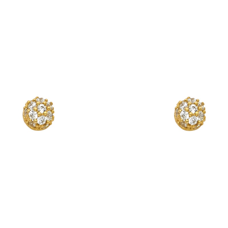 14K Gold Cz Round Crystal Ball Stud Earrings