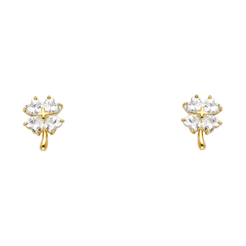 14K Gold Heart Cut Cz 4 Leaf Flower Stud Earrings