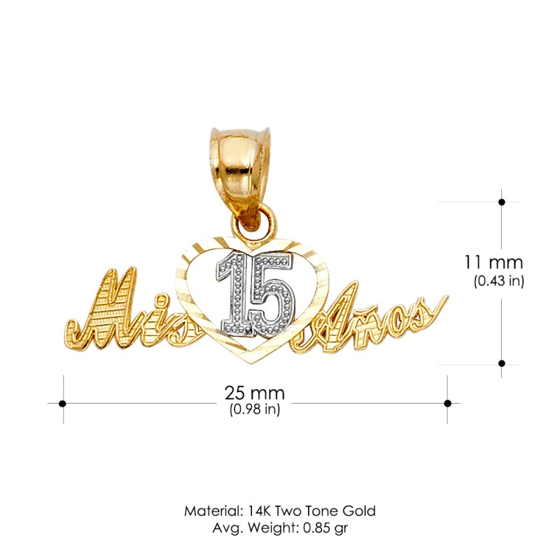14K Gold 15 Years Birthday Quinceanera Heart Mis 15 Anos Charm Pendant