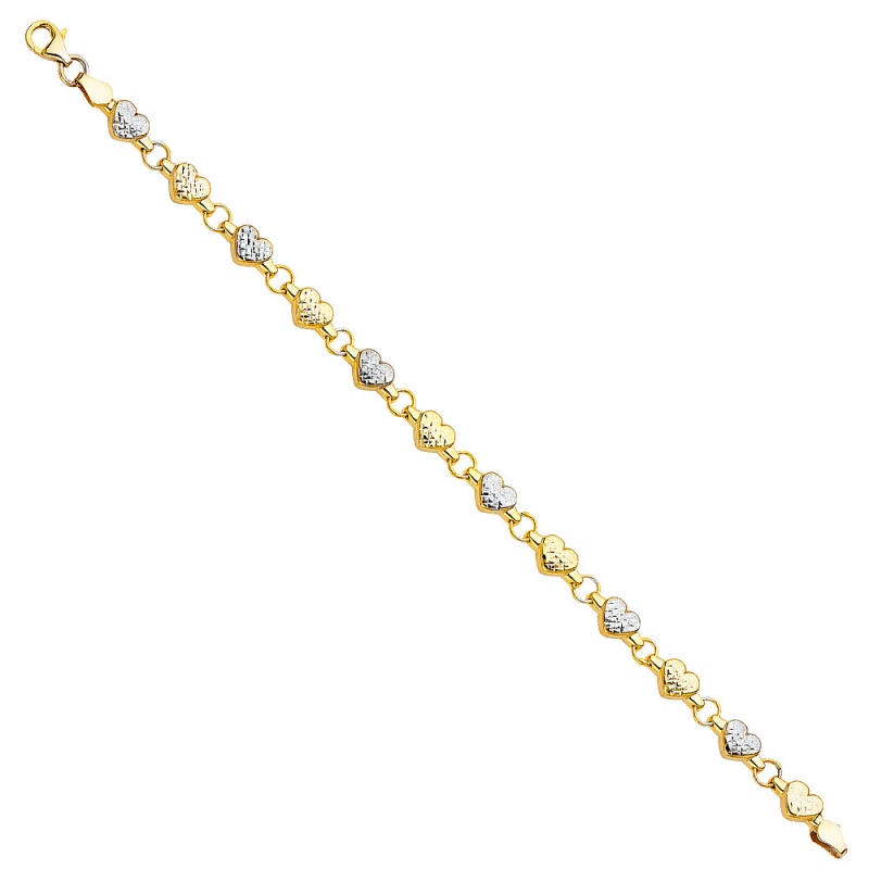 14K Solid Gold Stampato Hearts Bracelet - 7.25'