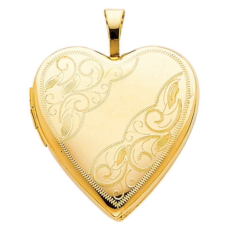 14K Gold Engraved Heart Locket Charm Pendant