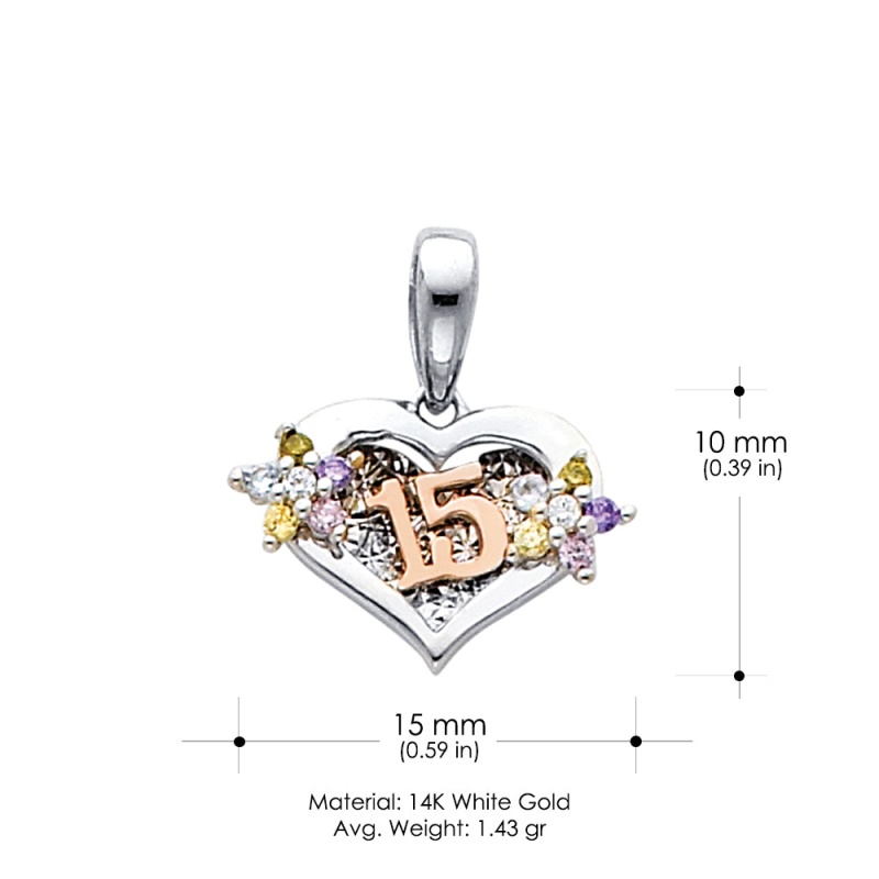 14K Gold 15 Years Birthday Quinceanera Heart With Star Flowers Cz Charm Pendant