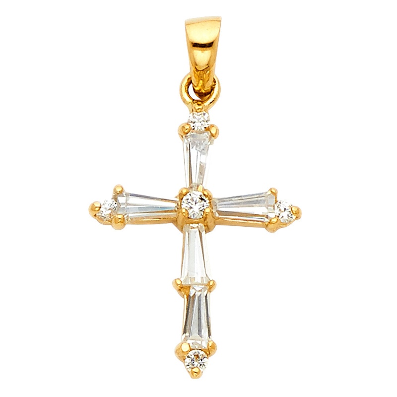 14K Gold Cross Tapered Baguette Cz Religious Pendant
