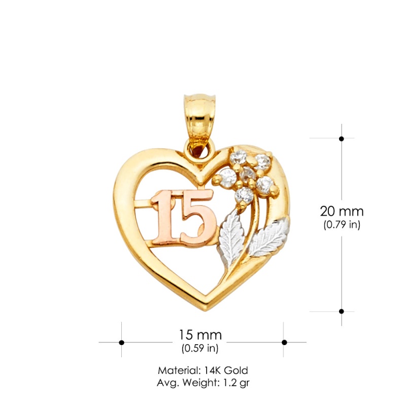 14K Gold Quinceanera Heart Cz Flower & Leaf Charm Pendant