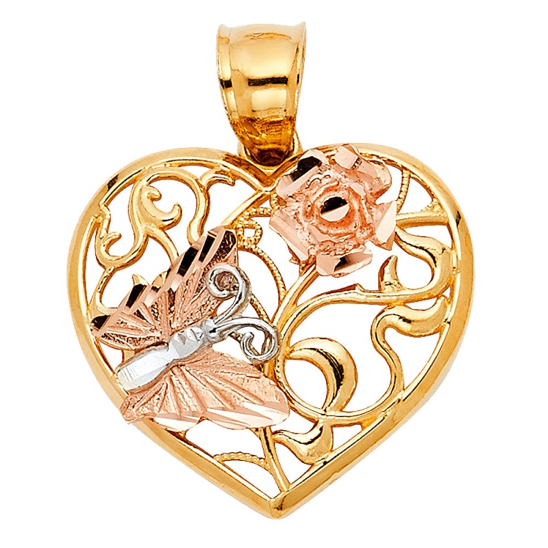 14K Gold Heart With Butterfly Charm Pendant