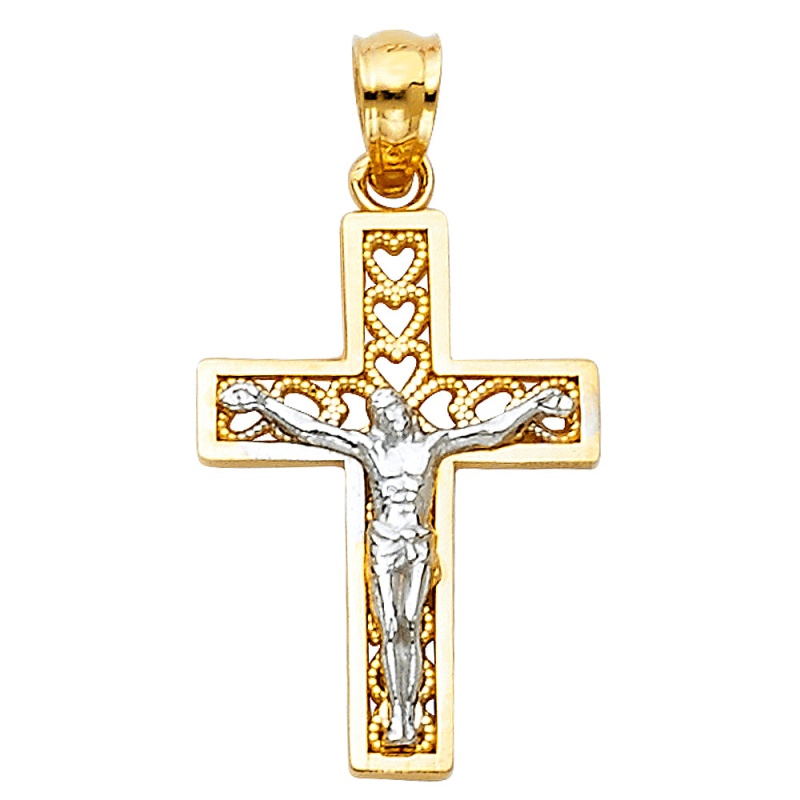 14K Gold Jesus Crucifix Cross Religious Pendant With Hearts