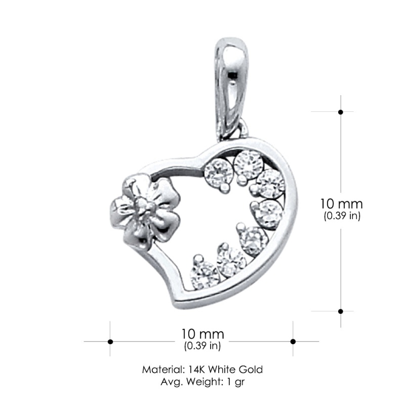 14K Gold Hollow Heart With Small Flower Cz Charm Pendant