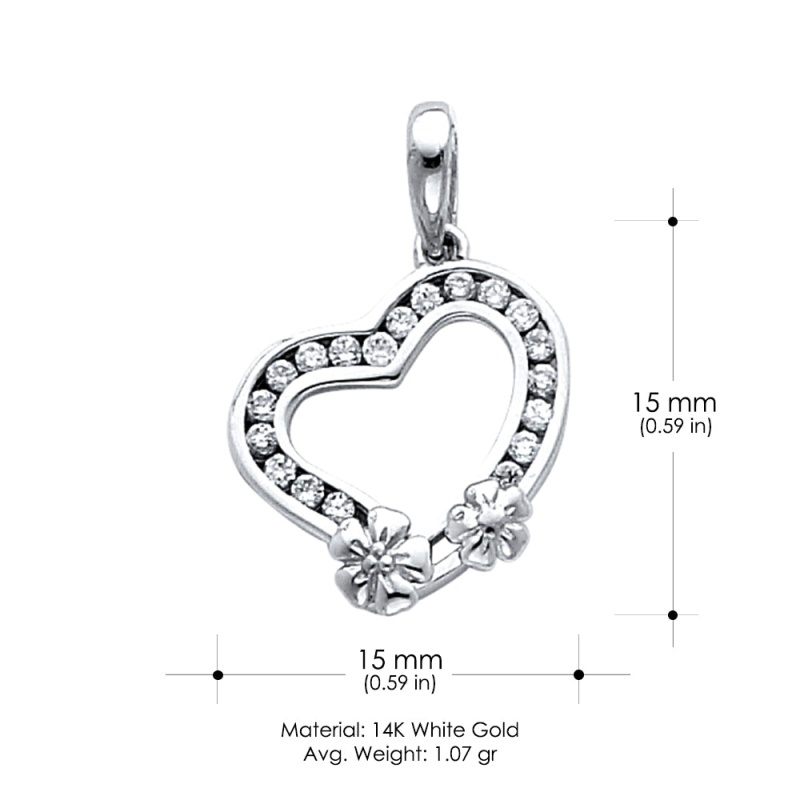 14K Gold Tilted Hollow Heart With Flowers Cz Charm Pendant