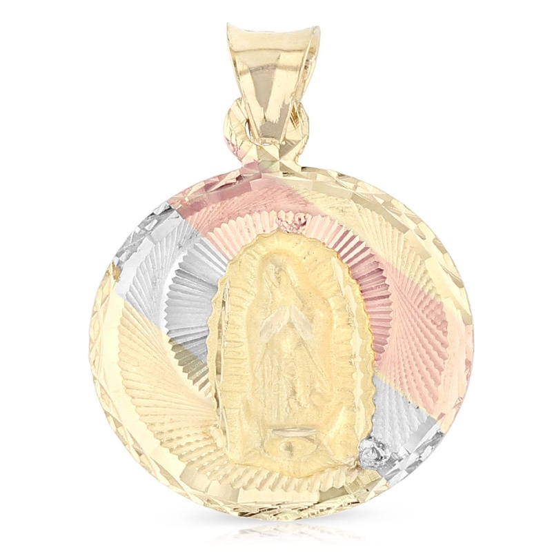 14K Gold Diamond Cut Double Side Stamp Virgin Mary & Jesus Religious Pendant