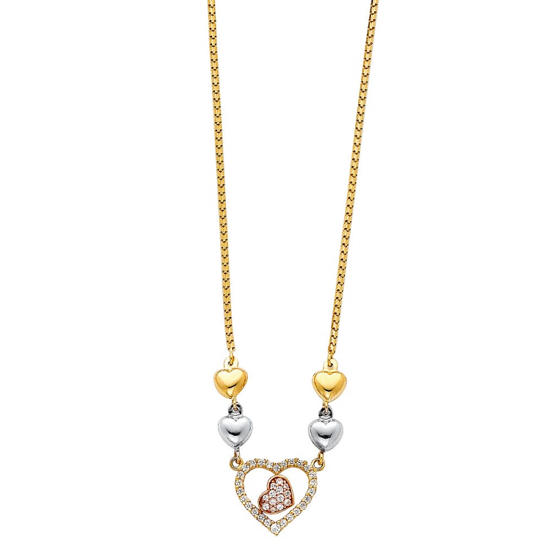 14K Gold Hearts Charms With Cz Chain Necklace - 17'