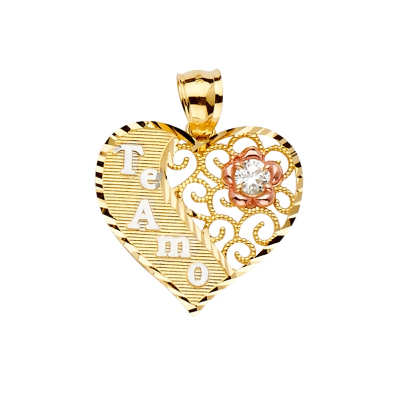 14K Gold Te-Amo Cz Heart Charm Pendant