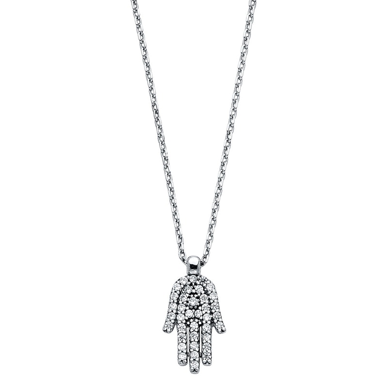 14K Gold Fancy Hamsa Hand Cz Necklace - 17+1'