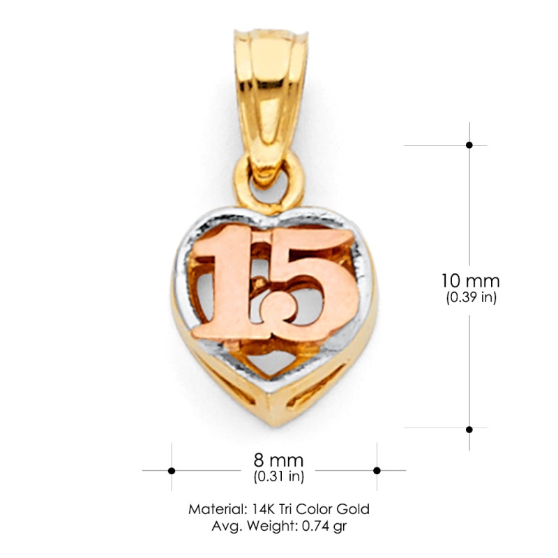 14K Gold 15 Years Birthday Quinceanera Heart Charm Pendant
