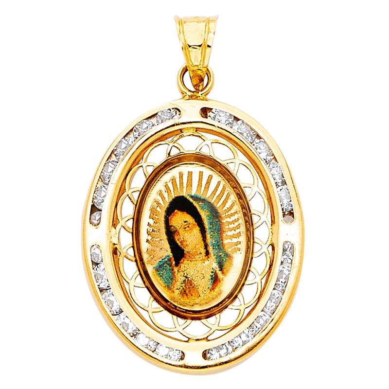 14K Gold Guadalupe Cz Religious Pendant