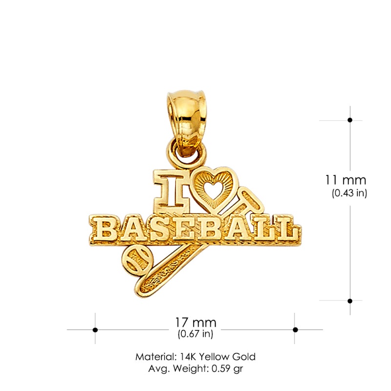 14K Gold I Love Baseball Charm Pendant