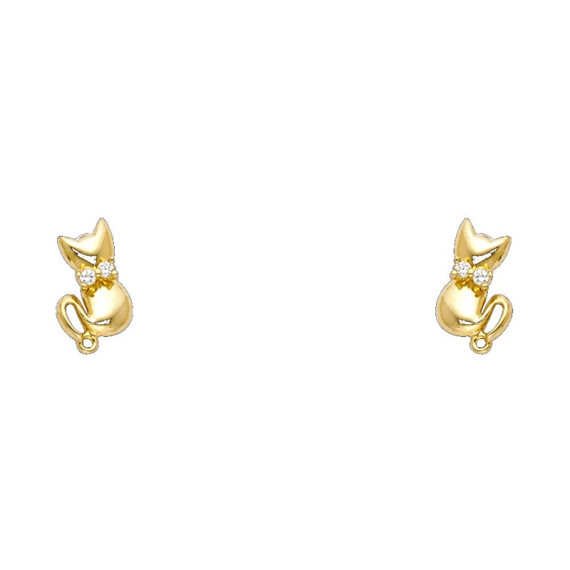 14K Gold Cz Cute Cat Kitten Stud Earrings