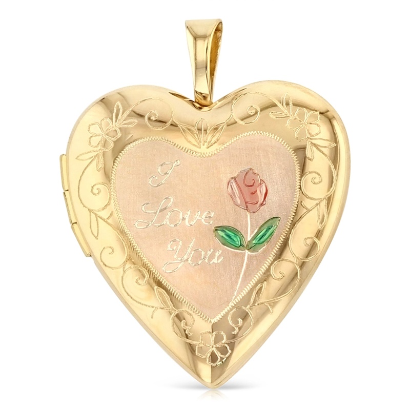 14K Gold Engraved Heart 'I Love You' With Enamel Rose Flower Locket Charm Pendant