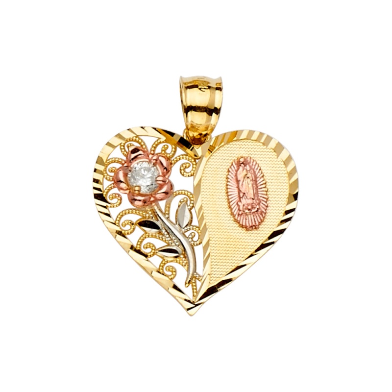 14K Gold Heart Cut Cz Guadalupe Medal Religious Pendant