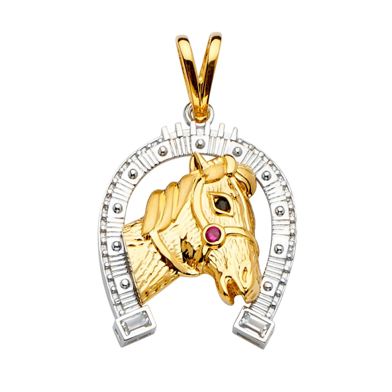 14K Gold Cz Horse Shoe Charm Pendant
