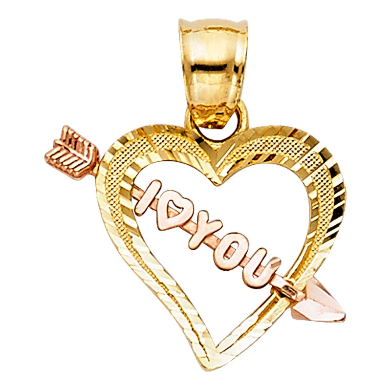 14K Gold 'I Love You' Heart With Cupid Arrow Charm Pendant