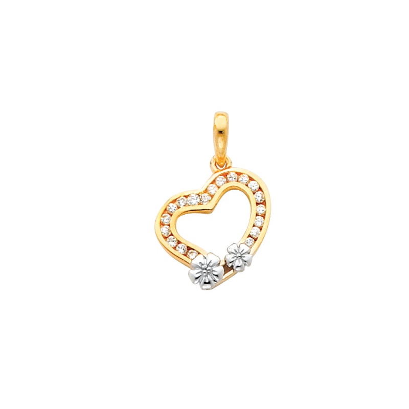 14K Gold Tilted Hollow Heart With Small Flowers Cz Charm Pendant