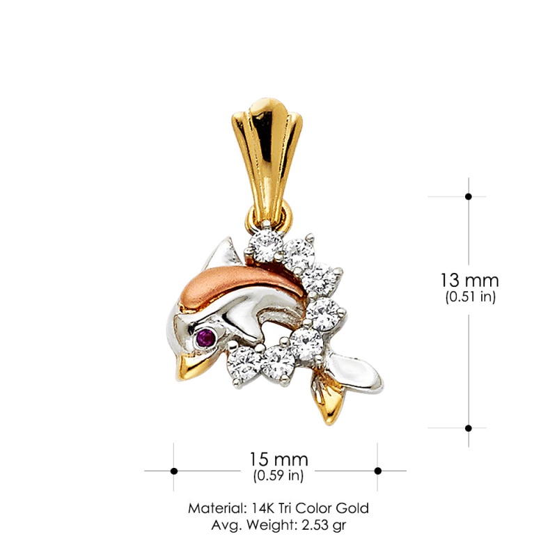 14K Gold Cz Dolphin Charm Pendant