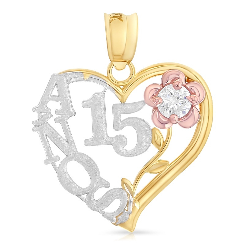 14K Gold 15 Years Birthday Quinceanera Heart Charm Pendant