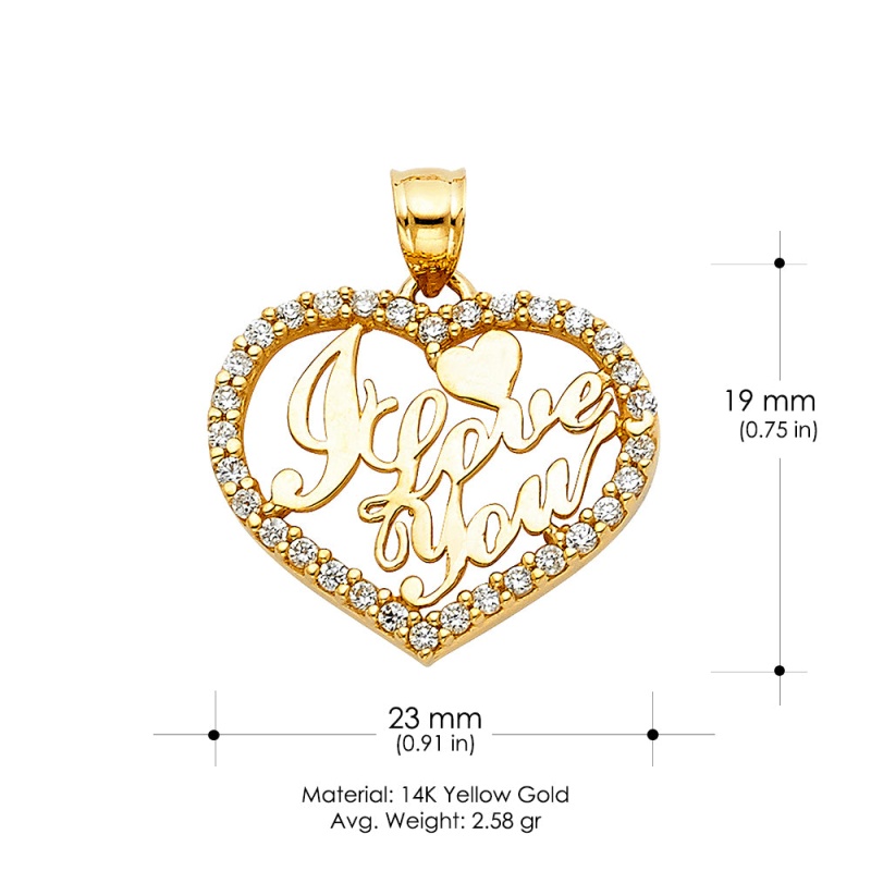 14K Gold Cz I Love You Heart Charm Pendant