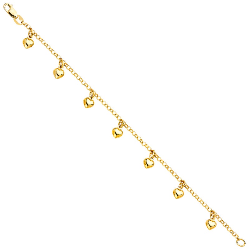 14K Solid Gold Hanging Hearts Charm Bracelet - 7'