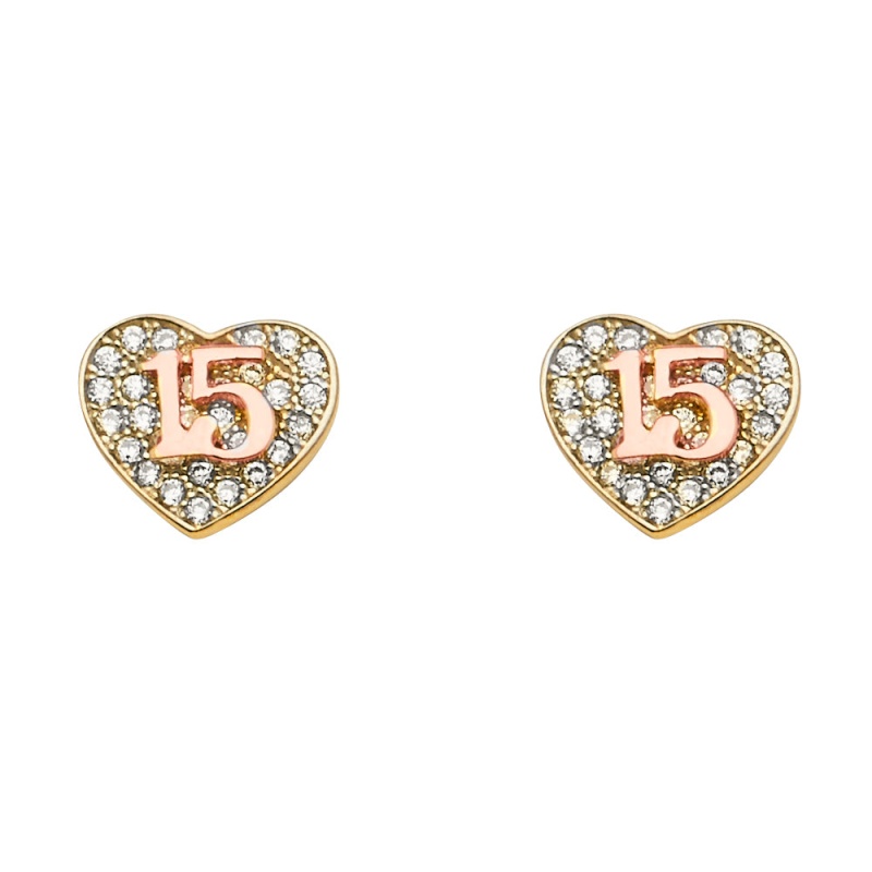 14K Gold Cz Stone Heart Quinceanera Earrings