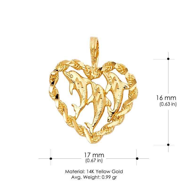 14K Gold Heart & Dolphin Charm Pendant