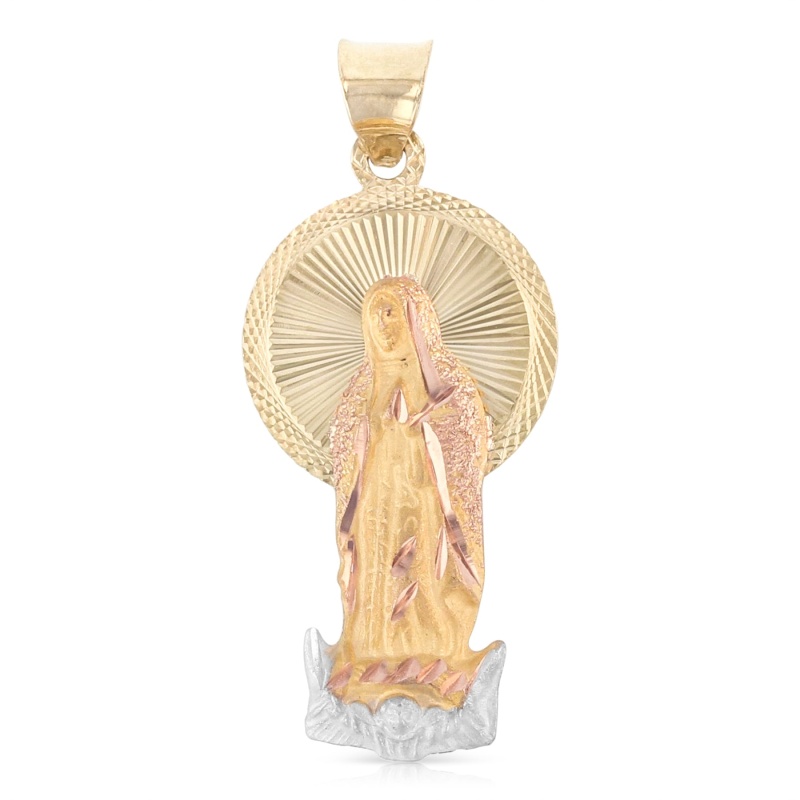 14K Gold Diamond Cut Guadalupe Stamp Religious Pendant