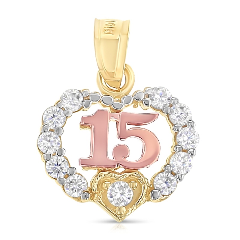 14K Gold 15 Years Birthday Quinceanera Heart Cz Charm Pendant