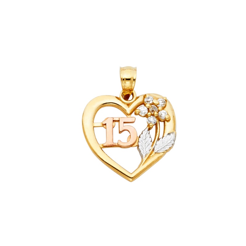 14K Gold Quinceanera Heart Cz Flower & Leaf Charm Pendant