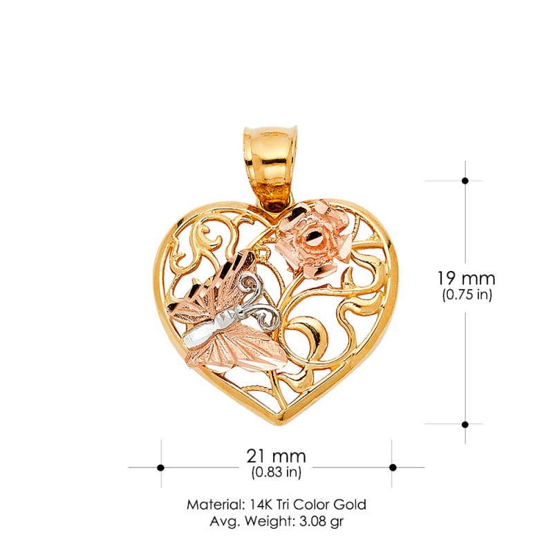 14K Gold Heart With Butterfly Charm Pendant
