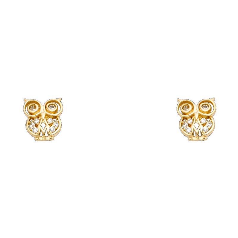14K Gold Cz Beautiful Owl Lucky Charm Stud Earrings