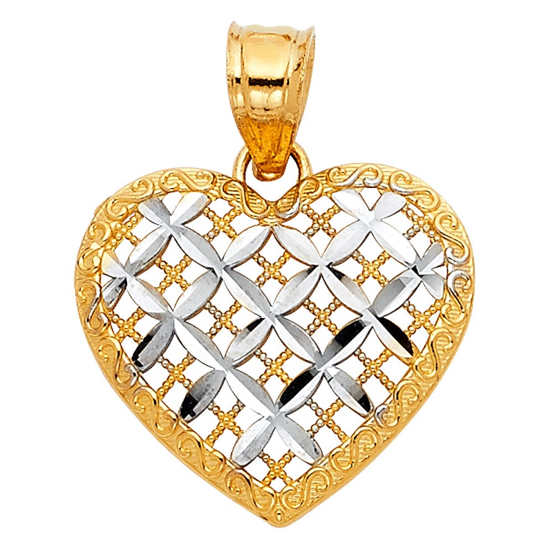 14K Gold Fancy Checkered Heart Charm Pendant
