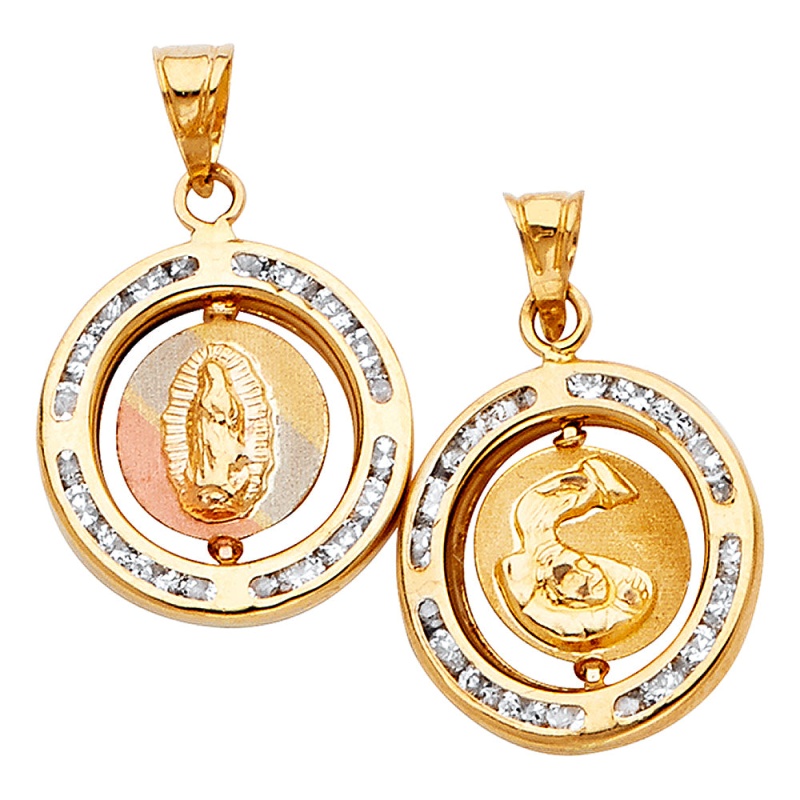 14K Gold Double Sided Round Religious Pendant
