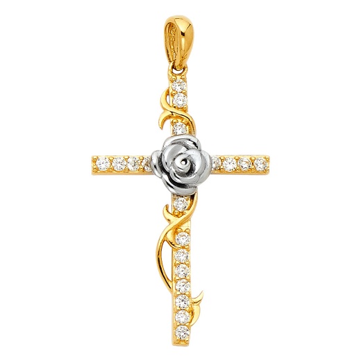 14K Gold Cz Religious Cross With Rose Charm Pendant - Ioka