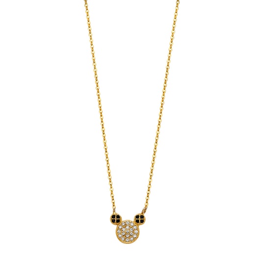 14K Gold Micky Mouse Ears Cz Pendant Chain Necklace - 17+1'