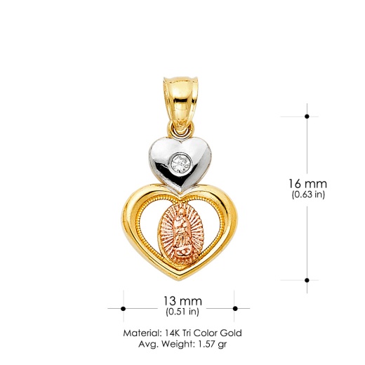 14K Gold Cz Religious Guadalupe Charm Pendant