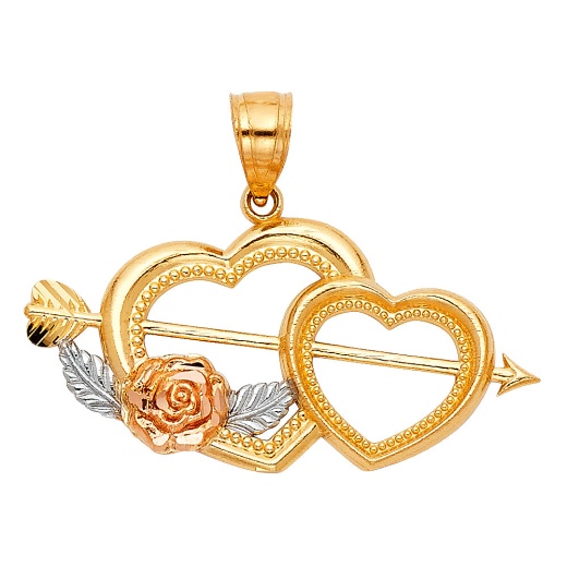 14K Gold Double Heart With Cupid Arrow Charm Pendant - Ioka