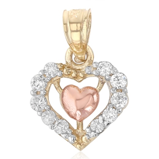 14K Gold Cz Fancy Inside Heart Charm Pendant - Ioka