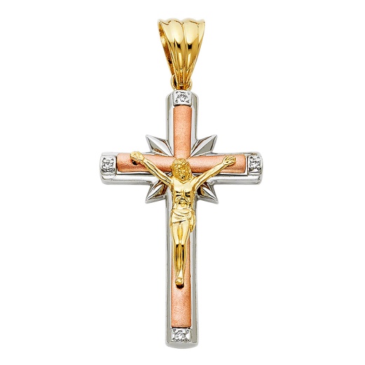 14K Gold Cz Religious Crucifix Charm Pendant - Ioka