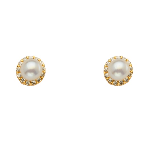 14K Gold Cz Stone Pearl Stud Earrings