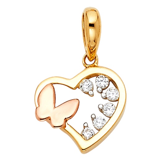 Ioka Jewelry 14K Gold Cz Heart & Butterfly Charm Pendant