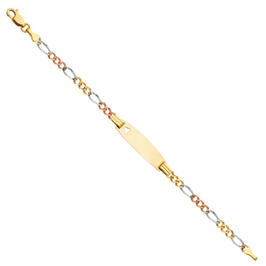 14K Gold Figaro 3+1 Baby Oval Id With Heart Bracelet - 6"